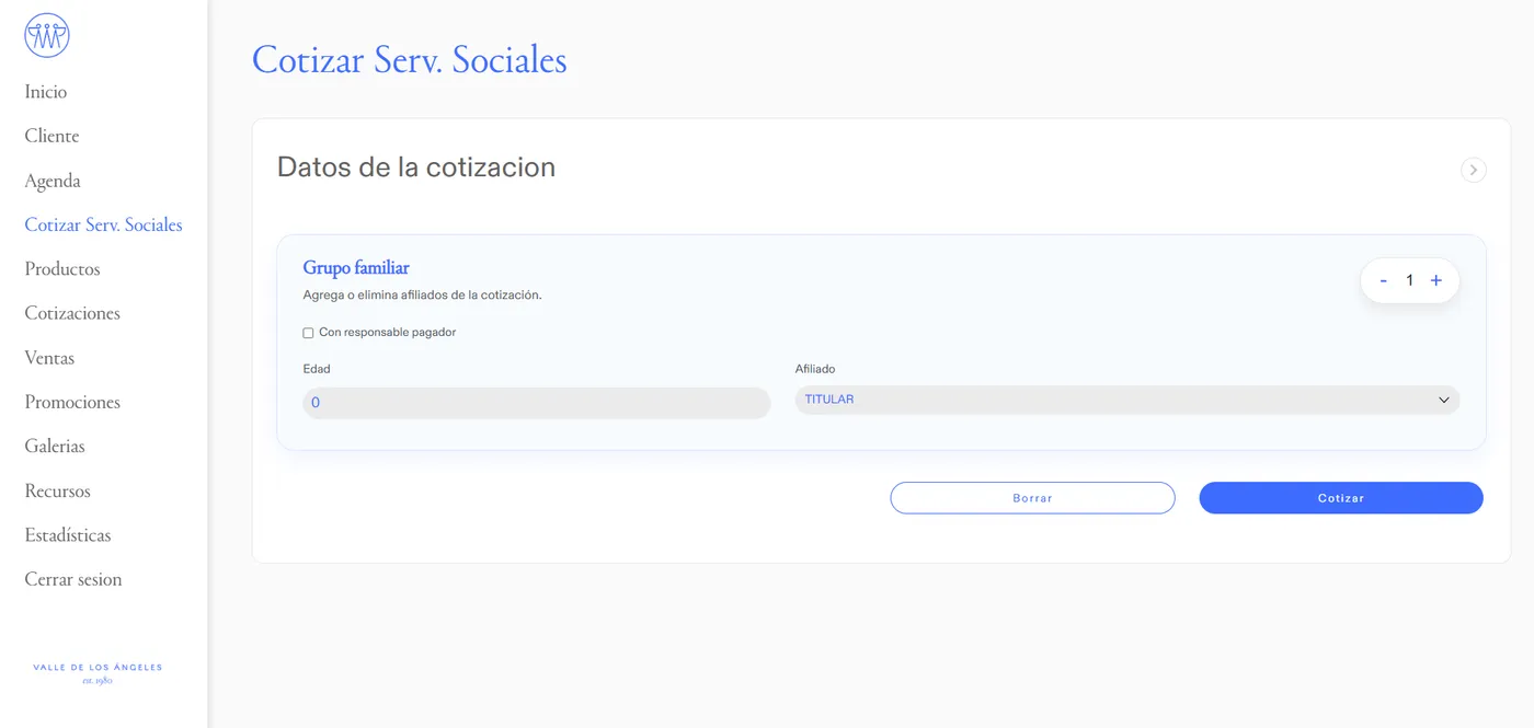 Pantalla de cotización de servicios sociales en JKMATE